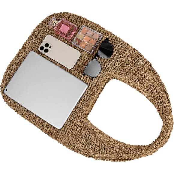 Women's Khaki Large Straw Beach Bag Handmade Woven Shoulder Hobo Tote Handbag - Picture 4 of 6